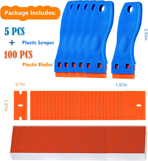 Plastic Blade Scraper, 5PCS Razor Scraper Tool 100PCS Double Edged Blades, Cleaning Scraper Remover for Decals, Stickers, Labels, Caulk, Adhesive,...