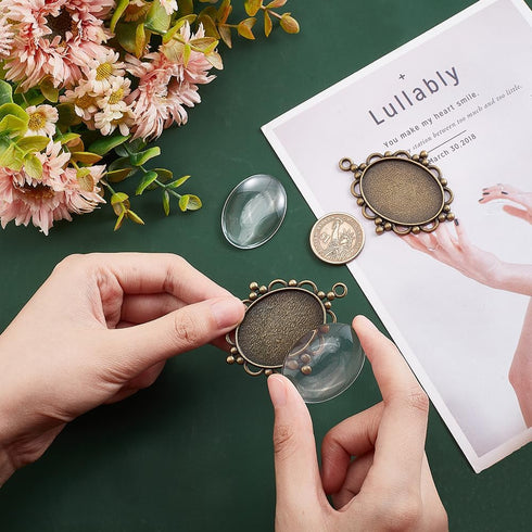 PH PandaHall 5pcs Pendant Tray Oval Charms Cabochon Bezel and 5pcs 40x30mm Glass Cabochon Dome Tiles Clear Cameo Memorial Photo Pendant for Bouque...