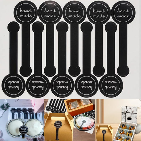 200 Pcs Handmade Lollipop Baking Seal Stickers - Black Hand Made Long Label Stickers, Bakery Cake Box Tamper Evident Stickers, Canned Goods Self-A...