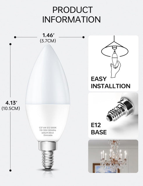 KINDEEP LED Candelabra Light Bulbs Dimmable 60 Watt Equivalent, Daylight 5000K, 600LM, E12 Candle Bulb Base 6W Ceiling Fan Lightbulbs Type B Bulb ...