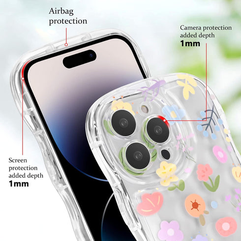 for iPhone 14 Pro Max Case, Cute Colorful Flower Curly Wave Clear Case with Lovely Flower Bracelet Chain for Women Girls Soft TPU Shockproof Prote...
