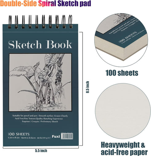 5.5" x 8.5" Sketchbook Set, Top Spiral Bound Sketch Pad, 2 Packs 100-Sheets Each (68lb/100gsm), Acid Free Art Sketch Book Artistic Drawing Paintin...