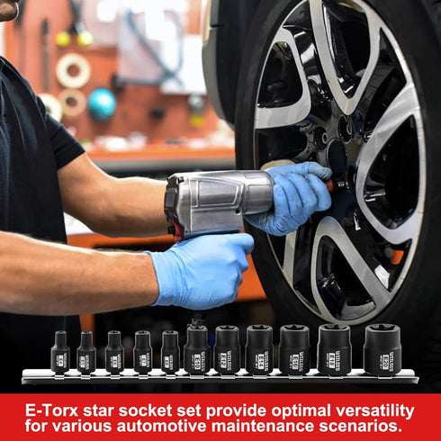 11PCS Female Torx Socket Set, E-Torx Socket Set with Rail,1/4" and 3/8" Drive, Female External Star Socket Set E4 - E20 Torque Socket Set...