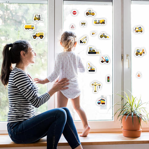 Tevxj Construction Vinyl Gel Clings, 20 Pcs Yellow & Black Transportation Stickers for Kids, Reusable Wall & Window Decor, Airplane, Truck Decals,...
