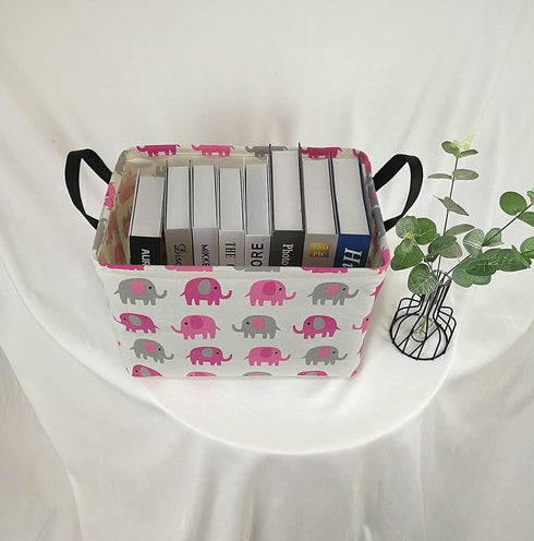 Elephant Print Rectangular Storage Bin Shelf Basket Canvas Fabric Toy Box,Waterproof Coating Nursery Hamper with Handles,Gift Basket for Home,Offi...