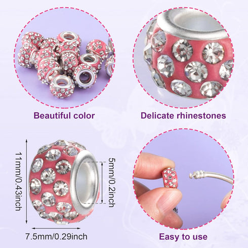ANCIRS 100pcs 12mm Large Hole Rhinestone European Beads, Large Hole Rondelle Spacer Beads, Diamond Hair Beads for European Bracelet Snake Chain Ch...