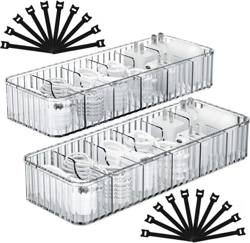 Cable Storage Boxes Organizers 2 Pack,Cord Charger Storage Organizer Box Case with 20pcs Cable Ties,Stackable,Clear...