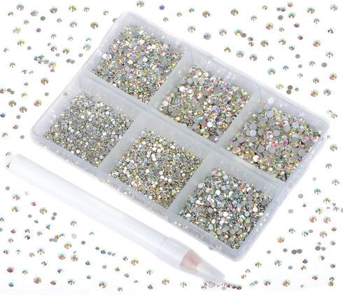 Bymitel 7200 Pieces 6 Mixed Sizes Glue Fix on Glass Rhinestones Round Crystal Gems Flatback for DIY Jewelry Making with one Picking Pen (6-Sizes 7...