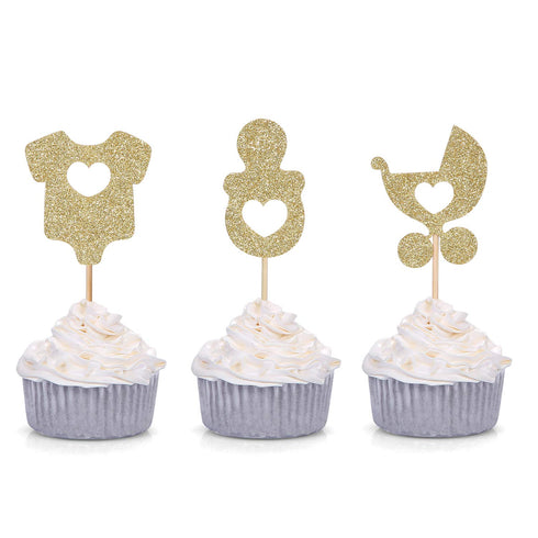 24 Gold Glitter Baby Shower Cupcake Toppers Onesie Pacifier Stroller Shaped Party Decorations...
