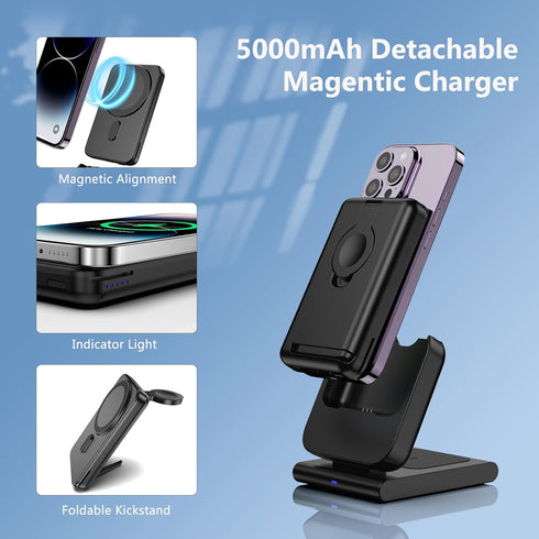 3 in 1 Wireless Charging Station, for Mag-safe Charger Stand for iPhone 15 14 13 12 Series, 5000mAh Portable Charger for Apple Watch Airpod, Trave...