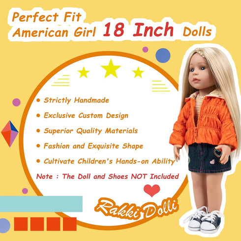 Doll Clothes Set Fashion 4 Pieces includes Warm Hooded Coat, T-Shirt, Jeans Skirt & Underpants, Handmade Party Dress Casual Wear Fits 18 Inch Amer...