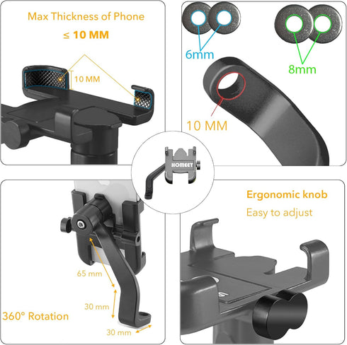 Motorcycle Phone Mount for Rearview Mirror, Metal Motorbike Phone Holder Smartphone Holder Mount 360° Rotation Adjustable, Universal for 6mm-10mm ...