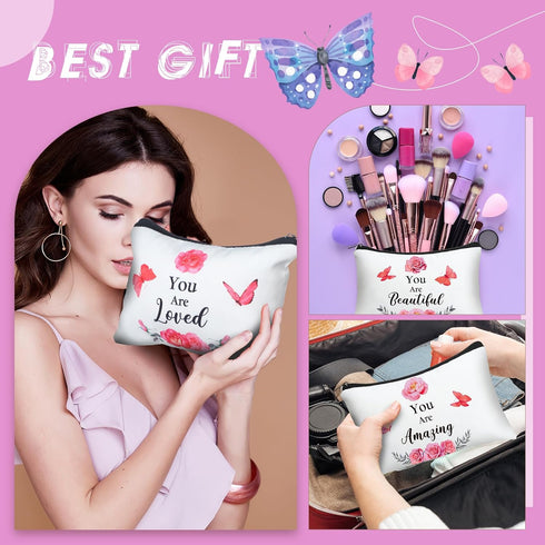 Hillban 10 Pcs Inspirational Gifts Bulk Cosmetic Bag for Women Employee Appreciation Gifts, You Are Amazing Loved Green Leaves Makeup Bags(Butterf...