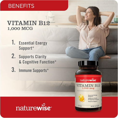 NatureWise Vitamin B12 1000 mcg - B12 Vitamin Supplement for Supporting Energy Levels, Mental Clarity, Nervous System Health - Easy-to-Swallow, Gl...