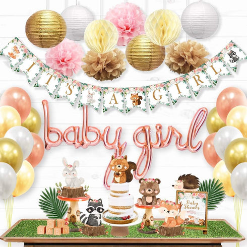 Ola Memoirs Woodland Baby Shower Decorations for Girl - Woodland Creatures It's A Girl Banner, Boho Floral Forest Animals Cutouts, Rose Gold Baby ...
