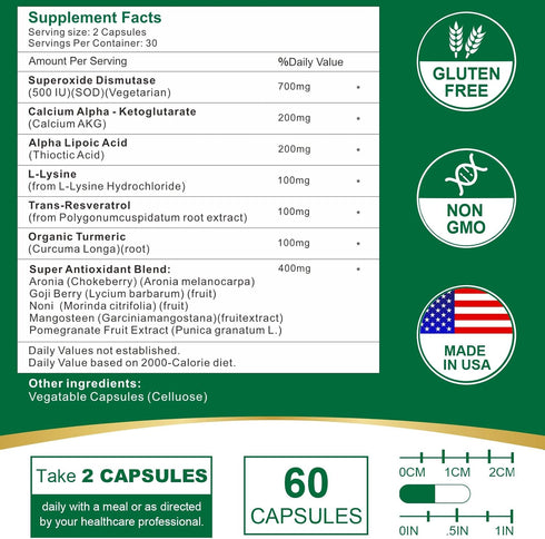 700MG Sod Superoxide Dismutase Supplement - High Potency Antioxidant Supplement for Cellular Health - 60 Capsules...
