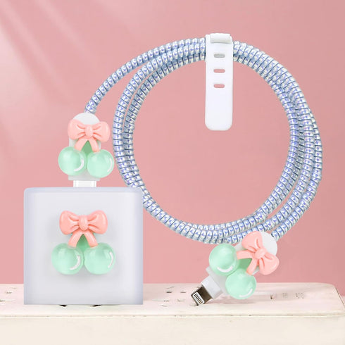 Cute Cable Protector Compatible for iPhone Adapter with Crystal Cherry Pears Design, Clear Soft Data Line USB Cover, Wire Cord Saver, Phone Cord P...