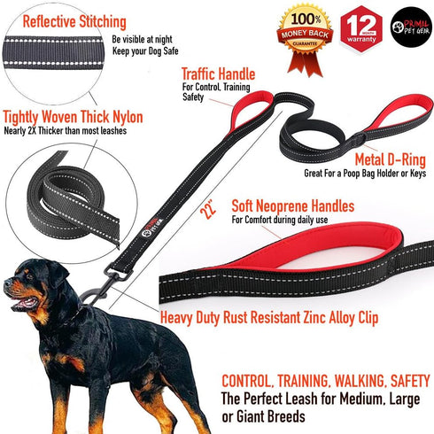 Dog Leash 8ft Long - Black - Traffic Padded Two Handle - Heavy Duty - Double Handles Lead for Control Safety Training - Leashes for Large Dogs or ...