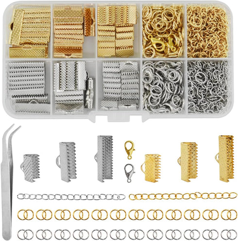373Pcs Ribbon Bracelet Kit for Jewelry Making Ribbon End Crimps Lobster Clasps Awith Jump Rings and Chain Extenders for DIY Making Bookmark Pinch ...