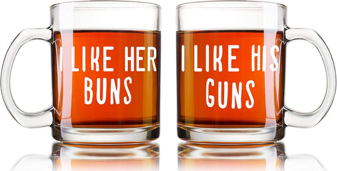 AW Fashions I Like His Guns, I Like Her Buns Couples Mug - Funny Couple Mug - (2) 13OZ Glass Coffee Mug - Funny Mug Set - Mugs For boyfriend and G...