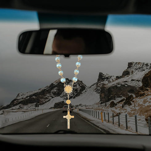 Cobee Car Rosary, 2-Piece Cross Auto Rosary, Rear View Mirror Pendant, Car Hanging Accessories, Interior Decor for Women & Men (Blue Gold)...