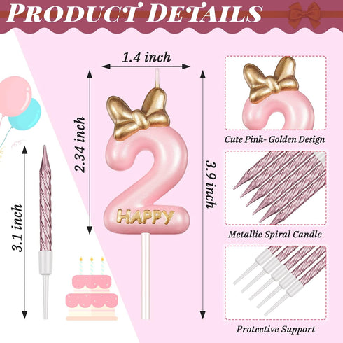 BBTO Number 2 Birthday Candle Pink Birthday Candle Girl with 10 Pieces Pink Candles Long Thin Cupcake Candles in Holders for Cake Topper Birthday ...