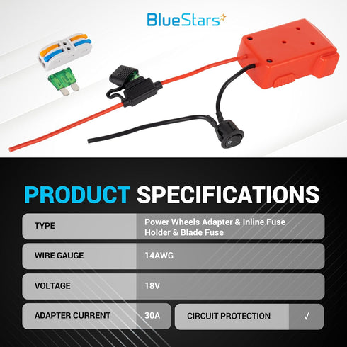 BlueStars RED Power Wheels Adapter for Milwaukee M18 Power Wheels Battery Conversion Kit with Fuse Holder & 30A Blade Fuses for 18V Battery - for ...