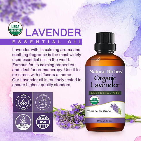 Natural Riches Organic Lavender Essential Oil with Premium Therapeutic Quality Pure USDA Certified - for Diffuser, Aromatherapy, Sleep, Meditation...
