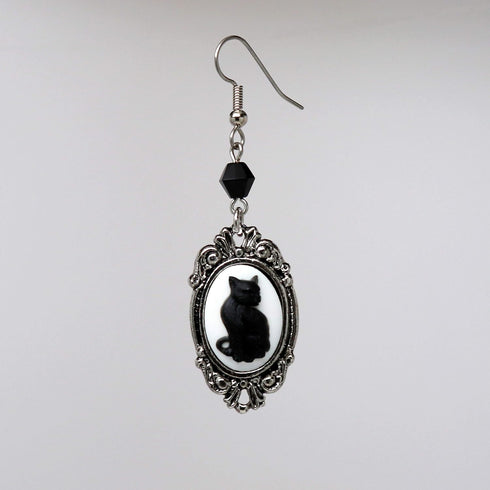 Black Cat Cameo In Silver Finish Frame Dangle Earrings with Black Bead...