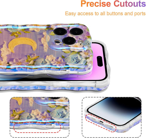 EYZUTAK Case for iPhone 13 Pro Max, Colorful Retro Oil Painting Flower Moon Pattern Laser Cute Curly Wave Edge Exquisite Phone Cover Stylish Durab...