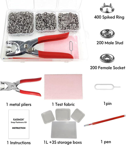 KAXIMON Snap Fasteners Kit 200 Sets, Metal Snap Button Kit with Fastener Pliers No Sewing, 9.5mm Snap on Button Kit Rust Proof DIY Press Studs But...