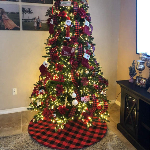 Christmas Tree Skirt Red Black Buffalo Plaid Tree Skirt Small 24 inch Cotton Linen Fabric for Fall Farmhouse Thanksgiving Xmas Holiday Check Tree ...