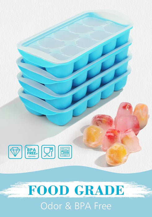 DOQAUS Ice Cube Tray with Lid and Bin, 4 Pack Ice Trays for Freezer, Easy Ice Pop Out Silicone Ice Cube Trays for Freezer with Cover, Stackable St...
