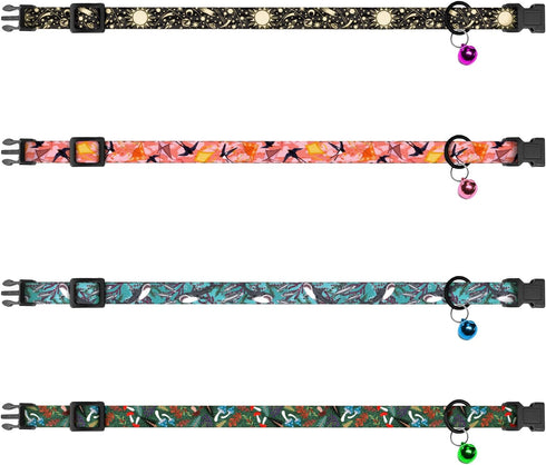 4PCS Breakaway Cat Collars with Bell, Cute Kitty Adjustable Safe Kitten Collars, 4-Pack, Nylon Pet Collars Space Mushrooms Shark Birds Print (Natu...