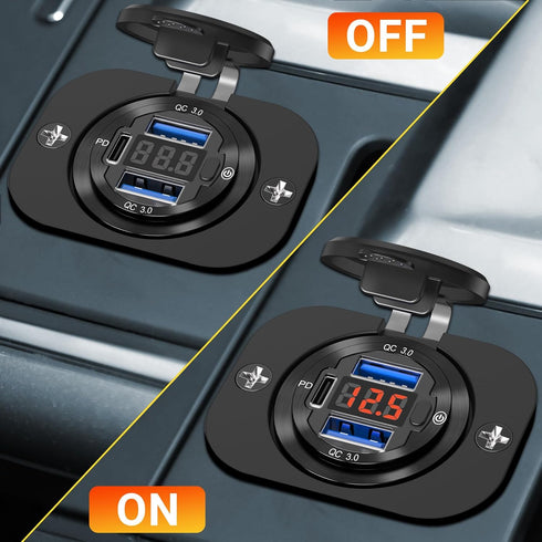 66W 12 Volt USB Outlet,Qidoe Dual Quick Charge 3.0 and PD 30W, USB 12V Power Outlet with Red Voltmeter and Switch, Waterproof Aluminum Socket for ...