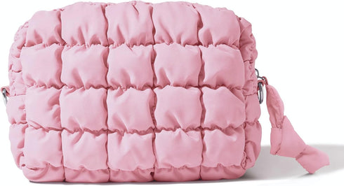 Quilted Makeup Bag Cosmetic Bag, Travel Toiletry Bag for Women, Cute Makeup Bag Organizer Baby Pink Makeup Pouch (M, Pink)...