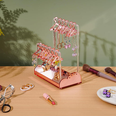 NiHome Acrylic Earring Holder Stand with Organizer Tray for Home, Store, Exhibition - Mirror-Finish 2-Tiered Display with 16 Mini Hangers for Tang...