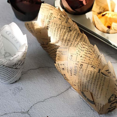 200pcs Tulip Cupcake & Muffin Tins Liners, 2” Standard Newspaper Pattern Paper Baking Cups Nature and White...