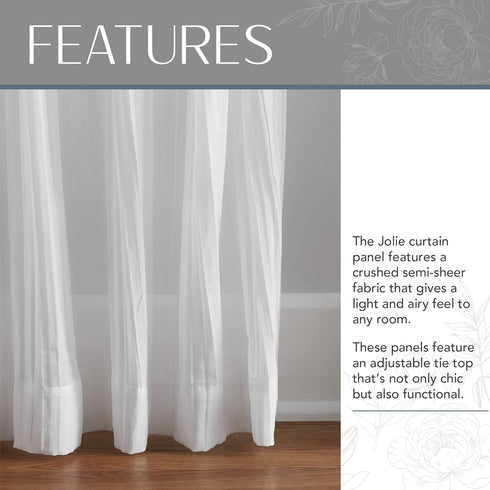 Elrene Home Fashions Jolie Crushed Semi-Sheer Window Curtain, Adjustable Tie-Top Single Panel, 52" x 84" (1 Panel), White...
