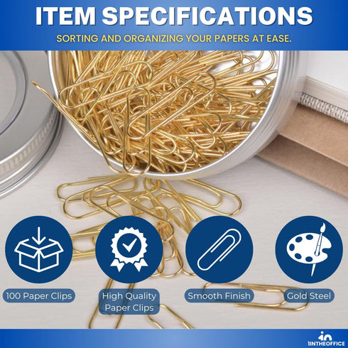 1InTheOffice Jumbo Paper Clips, Gold, Smooth, 100/Pack...
