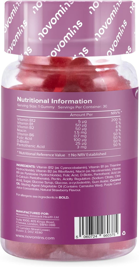 Novomins Kids Vitamin B12 Gummies - Energy & Metabolism Support Supplement - 30 Chewable Childrens B Complex Supplements – Vegan, Non-GMO - Enrich...