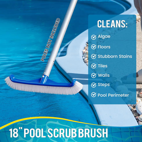Pool Brush Head - 18" Pool Brush for Cleaning Pool Walls, Premium Swimming Pool Brush with Strong Bristle & EZ Clip, Curved Ends High-Efficiency P...