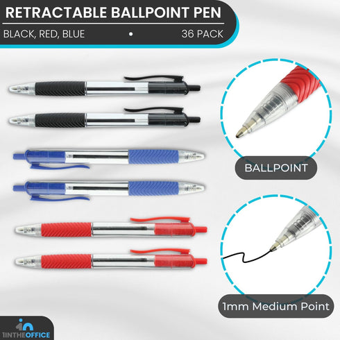 1InTheOffice Retractable Ballpoint Pen, Medium Point, 1.0mm, 12 Black, 12 Blue & 12 Red Pens, 36 Pack...