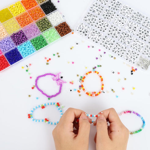 QUEFE 1800pcs 4mm Glass Seed Beads, 24colors, 480pcs Black and White Alphabet Beads Handcrafting Beads Craft Beads Kit for Jewelry Making, Bracele...