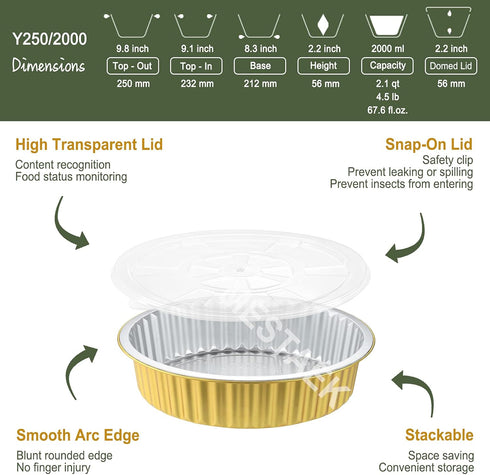 10" Sturdy Foil Pans + Snap-On Lids (5 Pack) | 2X Thicker Heavy Duty Reusable Foil Tin for Baking Cooking...