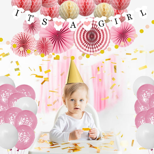 Baby Shower Theme Party Decorations It's a Boy and It's a Girl Banner Pink and Blue Balloons DIY Handmade Paper Flower Fans Honeycomb Balloons For...