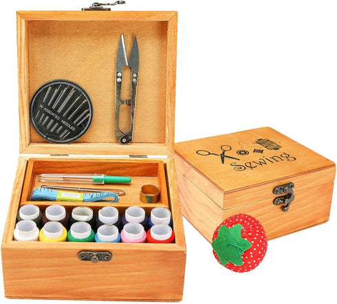 Sewing Kit, Wooden Sewing Kit Box for Adults, Wooden Sewing Basket with Accessories, Home Sewing Basket Stitching Repair Kit for Beginner, Women, ...