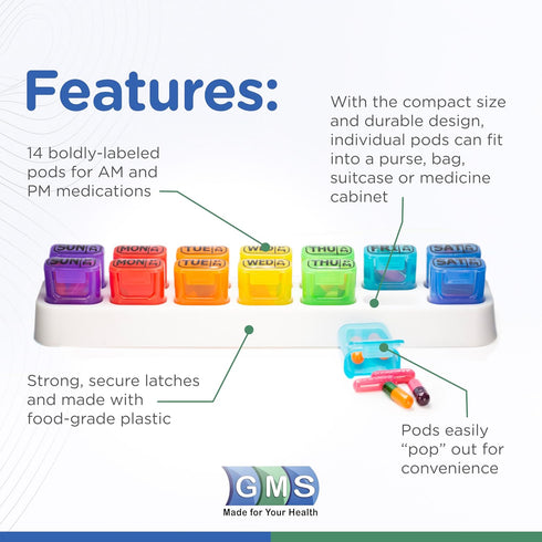 GMS Weekly Pill Organizer - 7 Day AM/PM Pop Out Pill Pods for Supplements, Vitamins & Medications - Ideal for Daily Use & Travel - Rainbow...