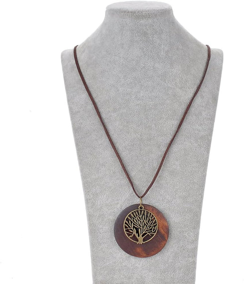 HUNO Tree of Life Pendant Necklace Long Leather Chain Statement Wooden Necklace for Women Vintage Wood Jewelry...