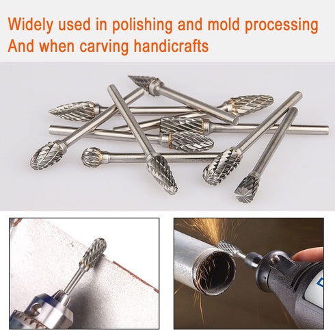 Carbide Burr Set Die Grinder Bits Rotary Tool Bits 1/8" Shank 10 PC Double Cut Wood Carving Accessories Cutting Burrs Metal Grinding Engraving Pol...